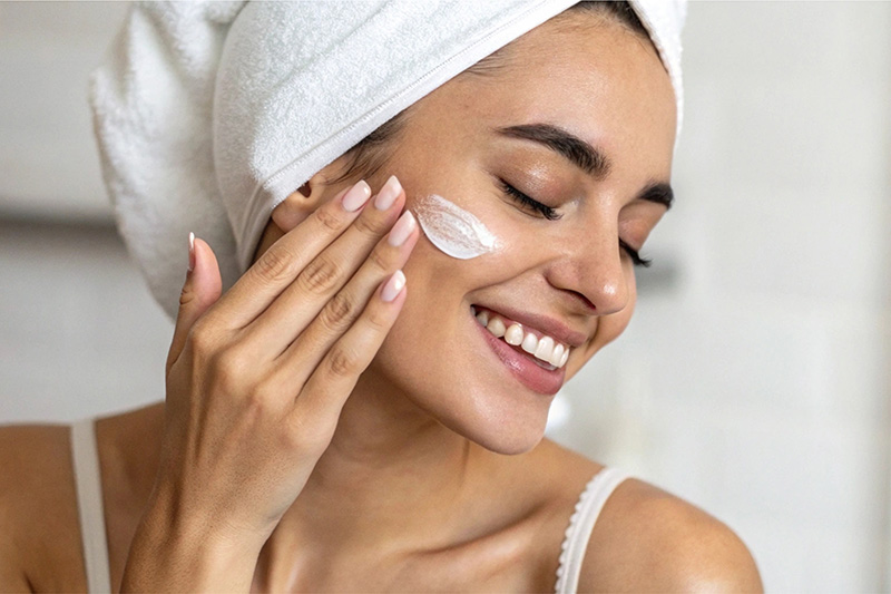 modelo sonriente aplicando crema facial cuidado de la piel y concepto de belleza
